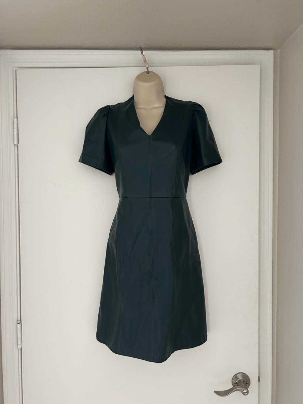 Ann Taylor Factory Dark Green Faux Leather V-Neck Mini Dress